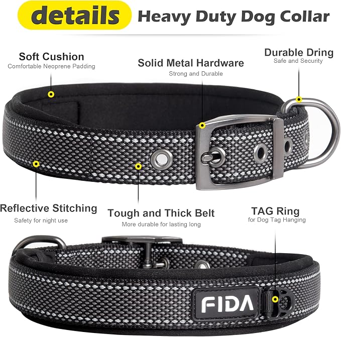 Fida Heavy Duty Dog Collar for Large Dogs with Metal Belt Buckle, Black | Soft Neoprene Padded for Extra Comfort, Thicker Nylon Webbing, Adjustable Fit, Reflective Stitching for Night Safety