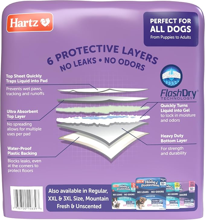 Hartz Home Protection Super Absorbent Odor Eliminating Lavender Scented No Leak Dog Pads,XL 30 Count (Pack of 2)