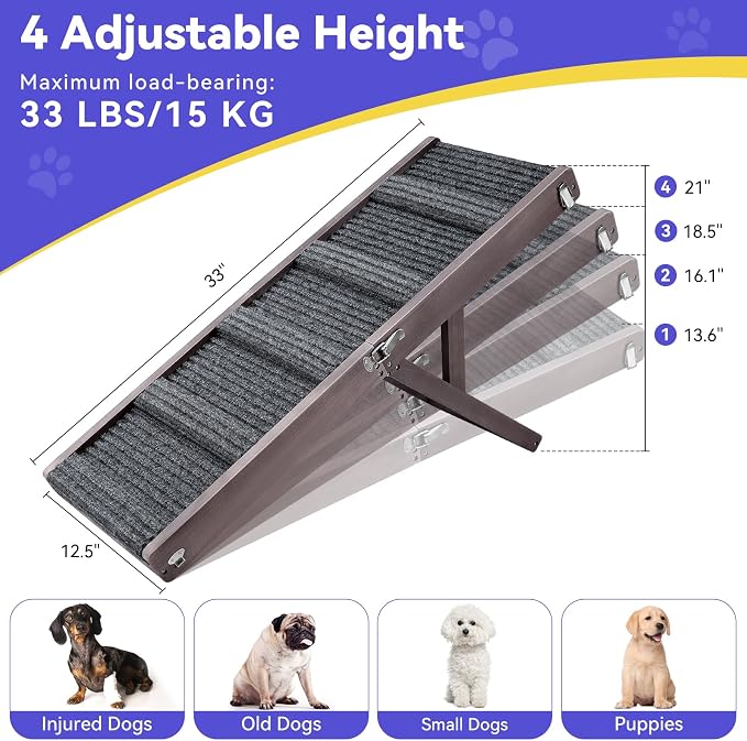 Pawaboo 2026 Upgraded Dog Ramp for Couch, Foldable Small Dog Ramp for Sofa, 4 Adjustable Height from 13'' to 21", Portable Stable Pet Step with Non-Slip Pad, Pet Ramps Use for Couch Stairs,Grey Purple