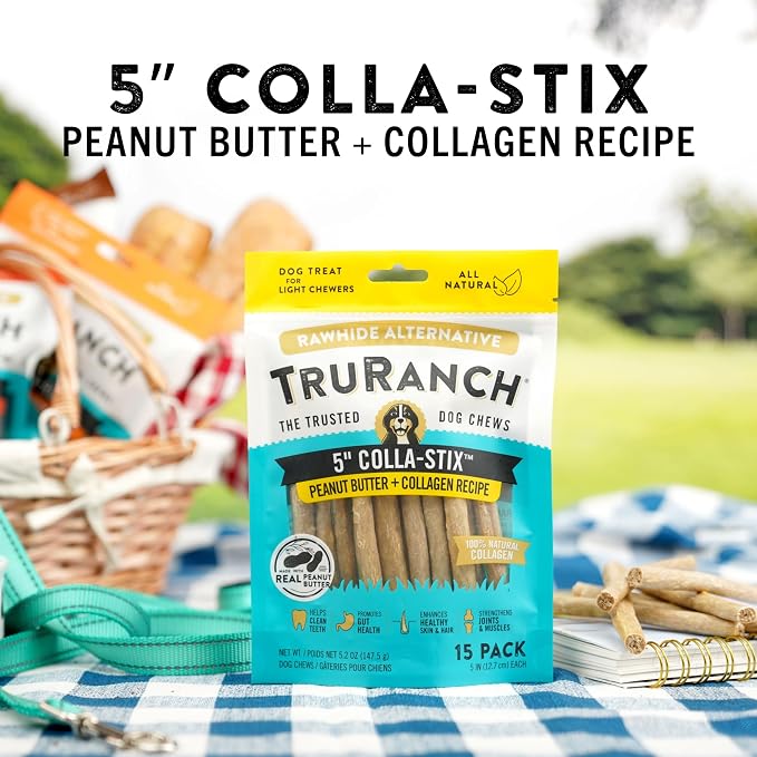 TRURANCH Collagen Sticks - 5" Collagen Sticks for Dogs - Long Lasting Healthy Joint Support - Rawhide Alternative - Skin & Coat Health - Made with Real Peanut Butter, Value Pack, 3 Bags, 45 Count