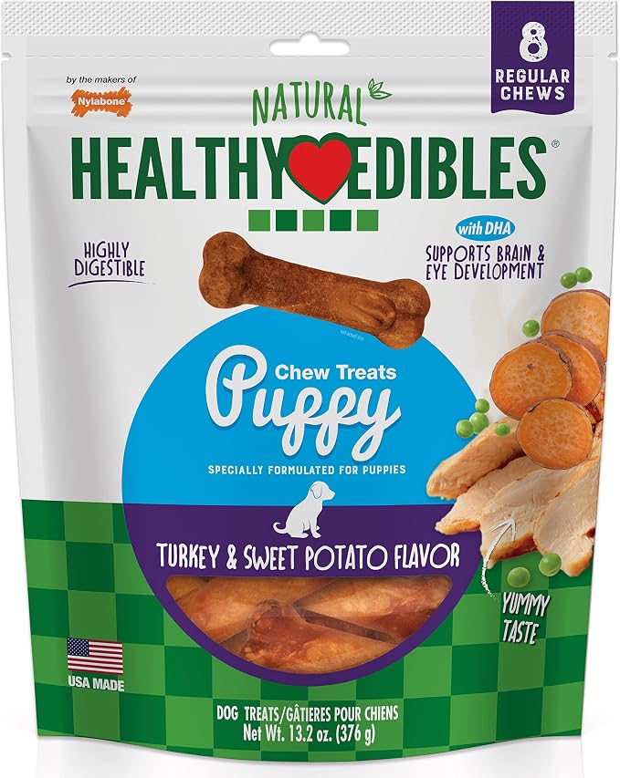 Nylabone Healthy Edibles Natural Puppy Chews Long Lasting Treats for Puppies, Turkey & Sweet Potato Flavor, Small/Regular (8 Count)