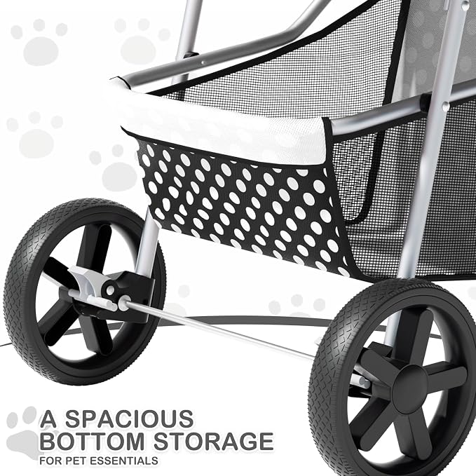 MoNiBloom 3-Wheel Foldable Pet Stroller - Black Polka Dots