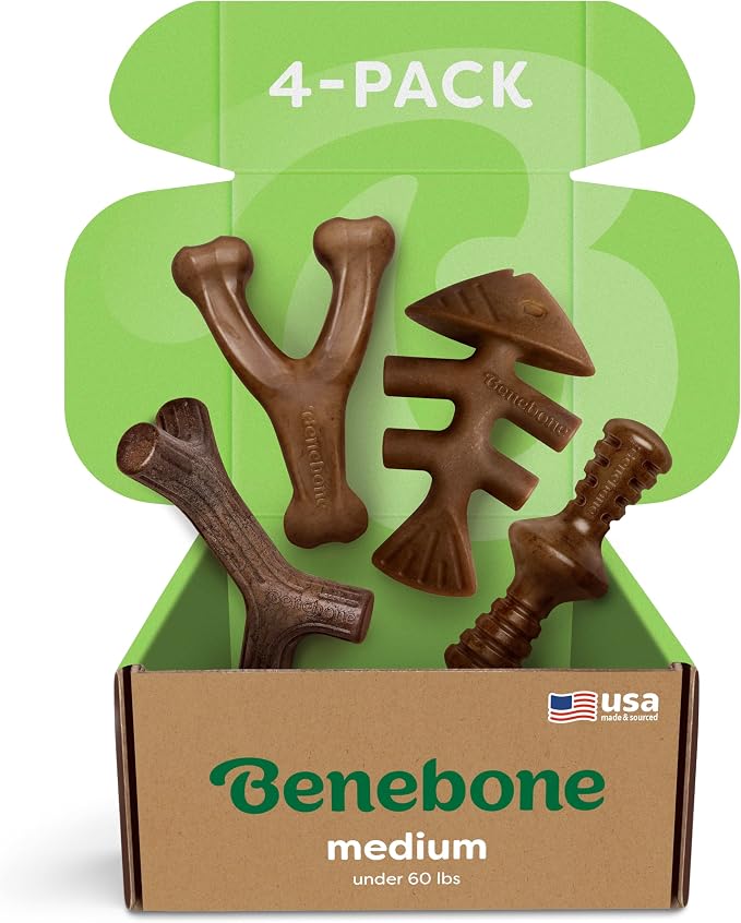 Benebone Medium 4-Pack Dog Chew Toys for Aggressive Chewers, Made in USA, 60lbs and Under & Ring Durable Dog Chew Toy for Aggressive Chewers, Real Bacon, Made in USA, Medium