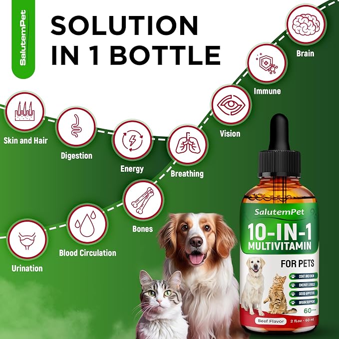 Сat Vitamins for Indoor Cats – Liquid 10-in-1 Multivitamin for Dogs – C, D3, B Group, for Skin, Coat, & Breathing – Natural Protection for Pets of All Ages – For Digestion & Bones – Beef Flavor – 2 Oz