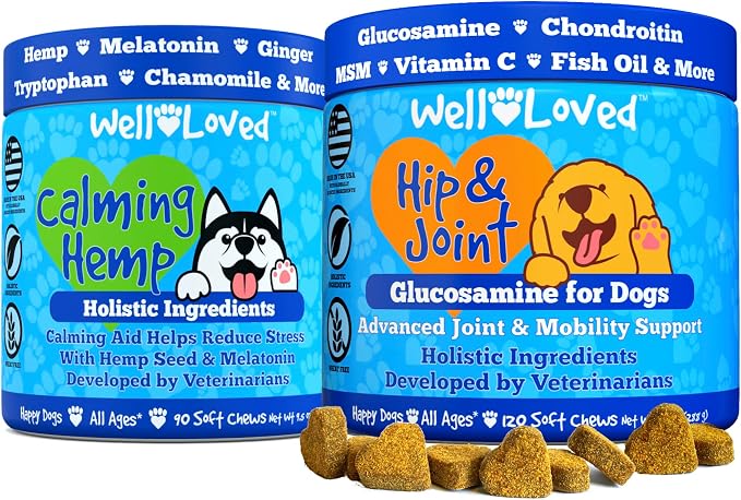 Well Loved Calming Chews for Dogs + Glucosamine for Dogs Hip and Joint Supplement, Vet Developed, Made in The USA, Natural Ingredients