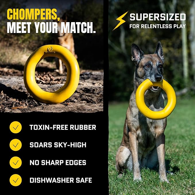 Giant XL Virtually Indestructible Dog Ring - Lifetime Replacement - Tough, Durable Chew Toy for Aggressive Chewers - Safe Non-Toxic Natural Rubber - Chew, Tug, Fetch - Large - 9"x2", 2.25lbs
