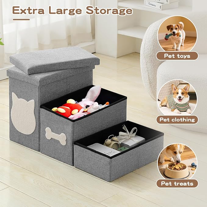 3-Step Wider Dog Steps for Bed 17" H, Foldable Dog Stairs with Storage, Non-Slip Pet Steps for Small Medium Large Dogs, Arthritis-Friendly Pet Stairs for Couch and Car Up to 200 lbs, Grey