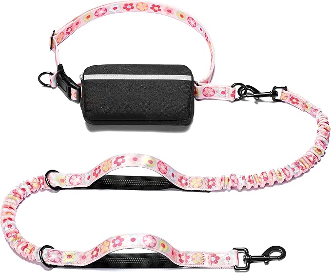iYoShop Hands Free Dog Leash with Zipper Pouch, Colorful Flower, Large | Waist Leash, Dual Padded Handles, Shock-Absorbing Bungee, Adjustable Waist Belt, Walking and Running