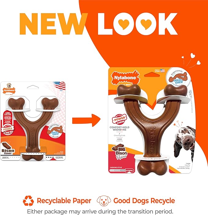 Nylabone Power Chew Easy-Hold Wishbone Dog Chew Toy, Large | Bison flavor, durable dog toys for aggressive chewers, discourages destructive chewing, for large breeds up to 50 lbs