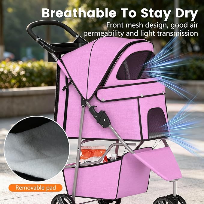 BestPet 3-Wheel Pet Stroller - Pink, Breathable Mesh
