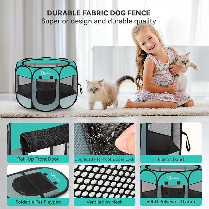 Siedihit Playpen for Small Dog Cat, Dogs Tent Crate Cage Indoor/Outdoor, Portable Pop Up Dog Kennel with Carrying Bag for Rabbits, Removable Top (Green, Small)