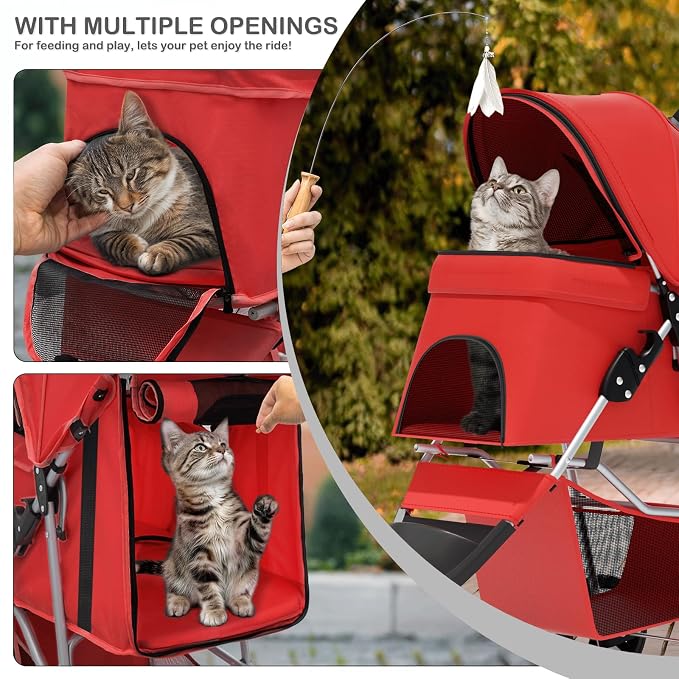 MoNiBloom 3-Wheel Foldable Pet Stroller - Red, up to 33lbs
