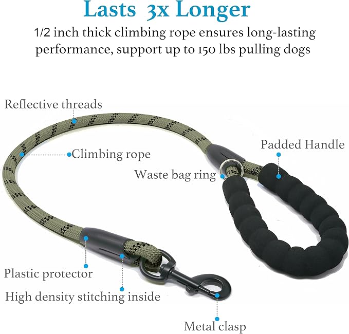 iYoShop Double Dog Leash, 360° Swivel, No Tangle, Large, Military Green | Dual Leash for Two Dogs, Split Leash, Shock-Absorbing Bungee, Padded Handle, Heavy-Duty Rope