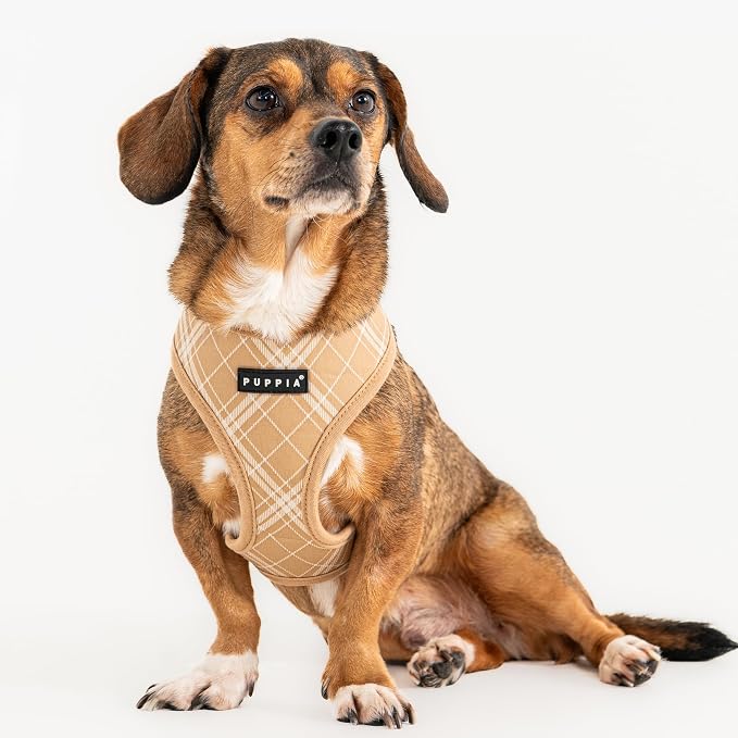 Puppia Corwin Dog Harness A (Over-The-Head) Fashionable Checkered Pattern Spring Summer Harness for Small and Medium Dogs, Beige, X-Large