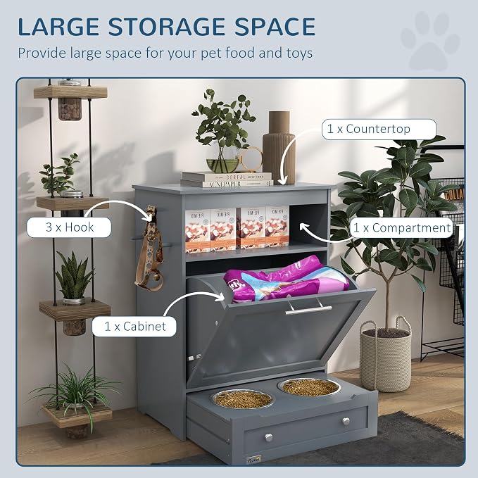 PawHut Dog Feeding Station with Raised Bowls, Dog Food Storage Cabinet with Hanger for Feeding & Watering Supplies, Pet Feeder Station, Gray