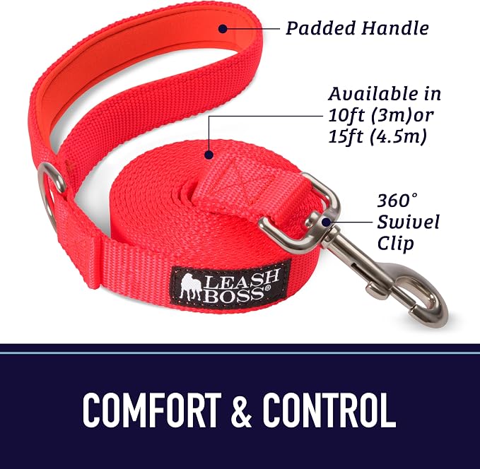 Leash Boss 10 Foot Dog Leash with Padded Handle - Long Leash for Hiking, Camping, Exploring, or Walking (10 Feet, Black/Red/Grey)