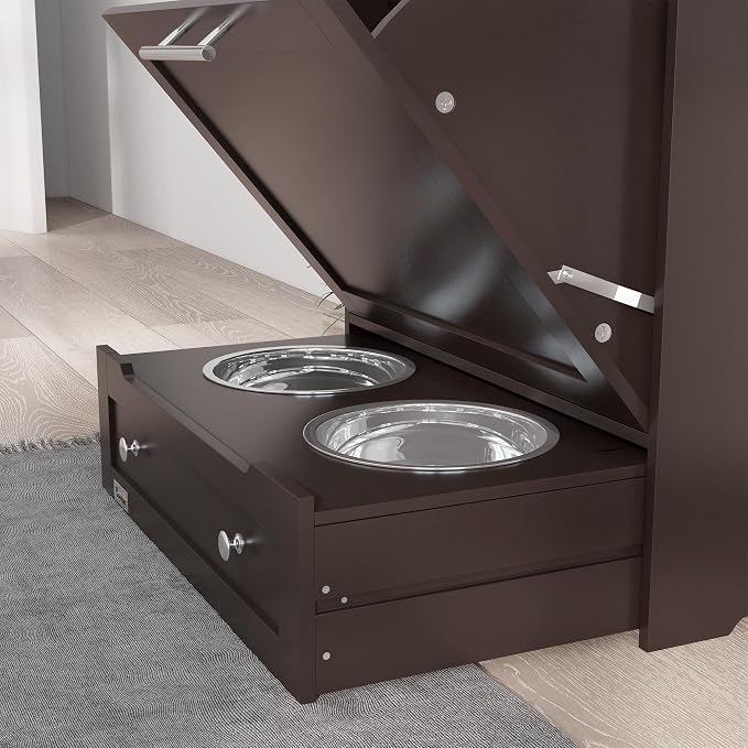 PawHut Dog Feeding Station with Raised Bowls, Dog Food Storage Cabinet with Hanger for Feeding & Watering Supplies, Pet Feeder Station, Brown