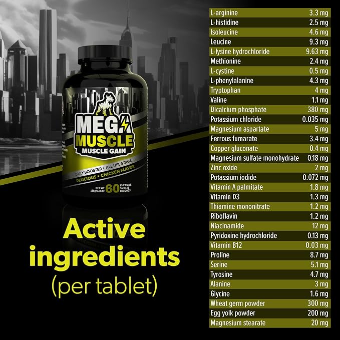 Mega Muscle for Dogs | Daily Chewable Tablets with Multivitamin Support | High Protein Dog Supplement for Active Dogs | Chicken Flavor, 60 Count