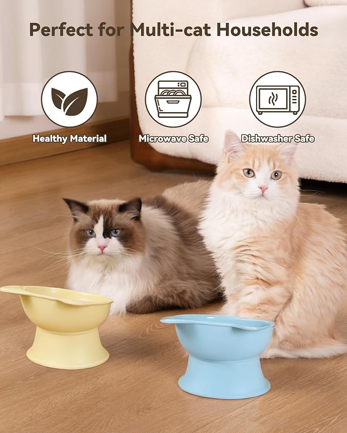 MateeyLife Elevated Cat Bowls, 2P Raised Food and Water Bowl Set for Indoor Cats & Small Dogs, Whisker Fatigue Cat Bowl, Anti Vomit Feeding Pet Bowls, 6 oz Each, Dishwasher Safe - Blue & Yellow