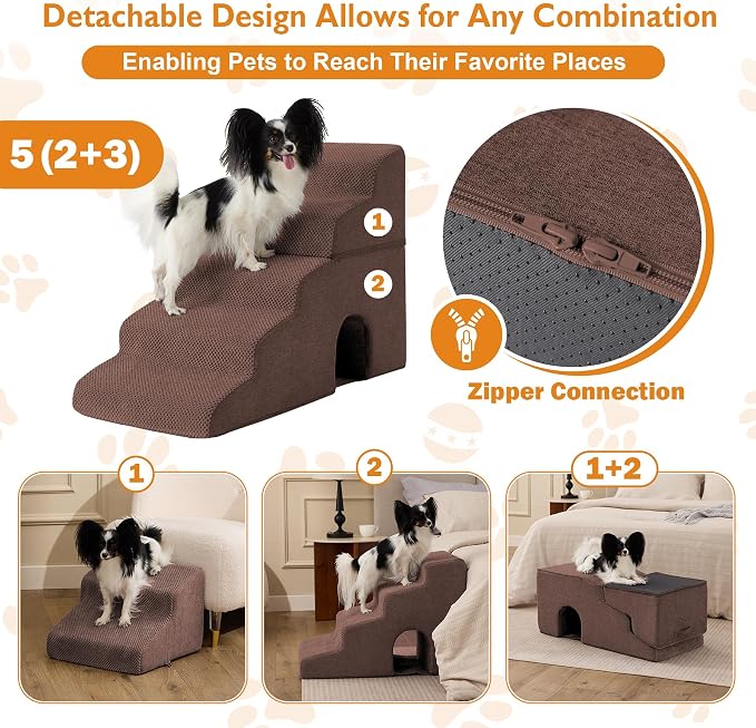 Dog Stairs for Bed 23’’ H, 5-Step Dog Steps for High Bed, Foldable Pet Stairs for Small Dogs and Cats to Get on Beds, Couch, Non-Slip Balanced Pet Steps and Ramp with Waterproof Cover, Brown