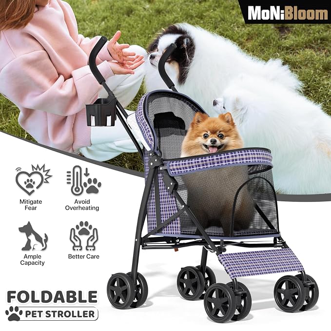 MoNiBloom 4-Wheel Foldable Pet Stroller - Plaid, up to 22lbs