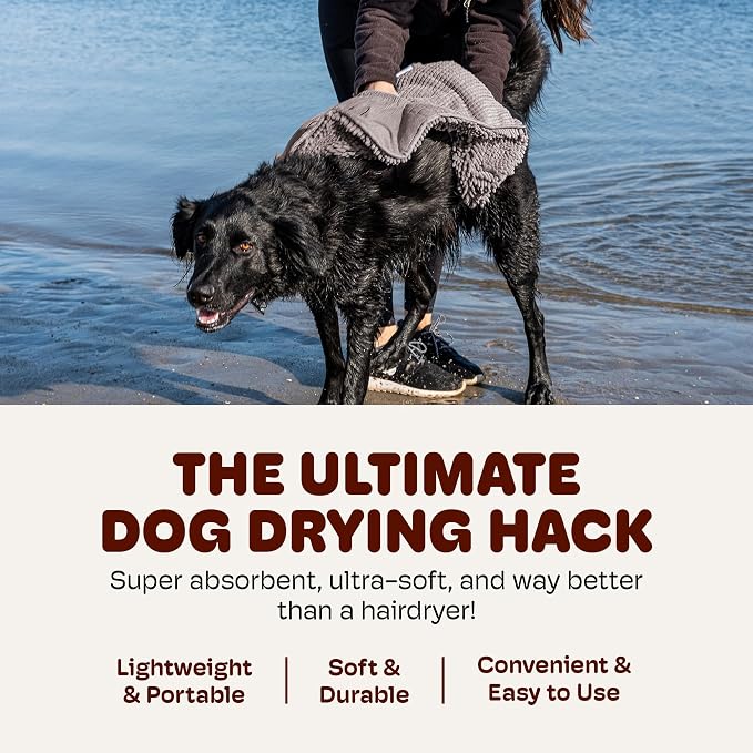 Dog Gone Smart The Dirty Dog Shammy - Antimicrobial Microfiber Dog Towel for Odor Control, Fast-Drying Plush, Dual Hand Pockets & Elastic, Super Absorbent, Machine Washable, 31 x 13 in, Grey
