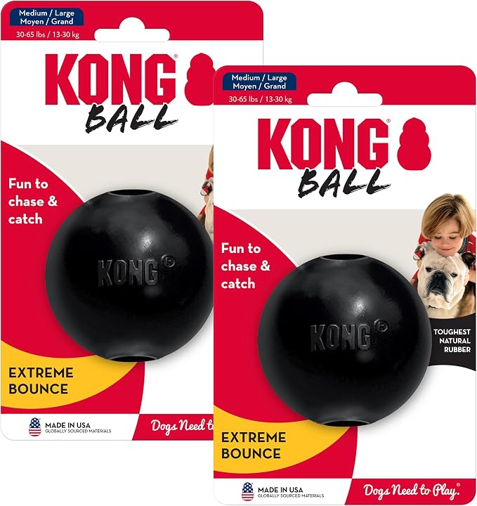 KONG Extreme Ball 2-Pack – Durable Rubber Dog Toy for Power Chewers – Tough Fetch Ball with Hole for Treats – Ideal for Training & Interactive Play – Black (Medium/Large)