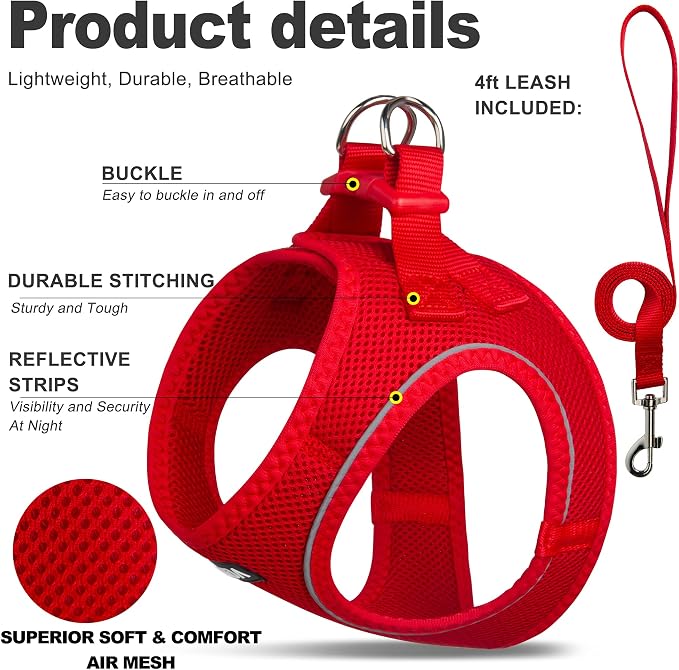 Fida Comfy Dog Harness with Leash, Soft Puppy Vest Escape Proof, Breathable Lightweight Soft Mesh, Adjustable Reflective Step-in Harness for Small & Medium Pet Walking (M, Red)