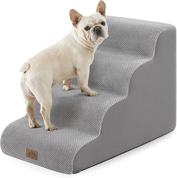 COZY KISS Wide Dog Stairs for Small Dog 19.7" H, 4 Step Pet Ramp for Bed | Curved Stable Dog Step for Puppy, Older Cat, Senior, Medium, Short-Legged Dog, Non-Slip Ladder, 17.7 inch Width, Grey