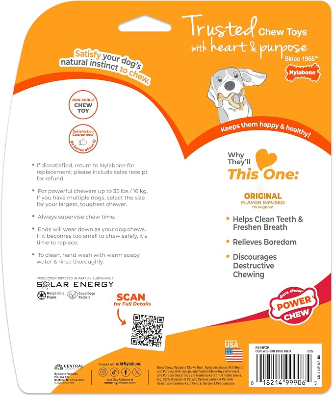 Nylabone Power Chew Wishbone Dog Chew Toy, Original Flavor, Medium | Durable chew toys, long lasting, flavor throughout, discourages destructive chewing, easy-hold shape, for dogs up to 35 lbs