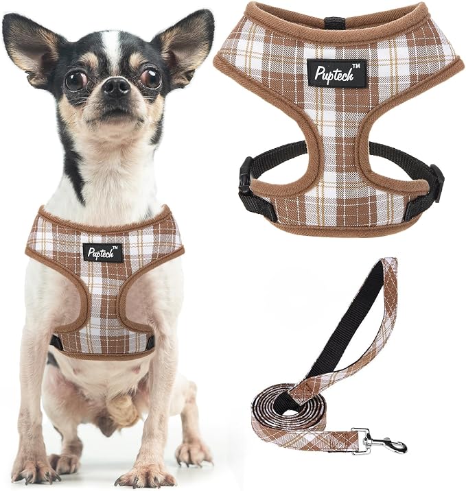 PUPTECK Soft Mesh Dog Harness and Leash Set Pet Puppy Cat Comfort Padded Vest No Pull Harnesses, Brown, XS