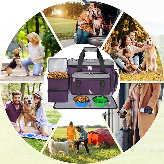 IGOLUMON Dog Travel Bag Set with 2 Food Containers, 2 Bowls, 1 Feeding Mat, Purple