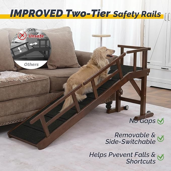 Dog Ramp for Bed or Couch, Wooden Pet Ramp with 20° Gentle Slope, Removable Side Rails, Non-Slip Surface, Top Platform & Wheels, Safe Bed Ramp for Small, Large & Senior Dogs, 60" Long, Walnut
