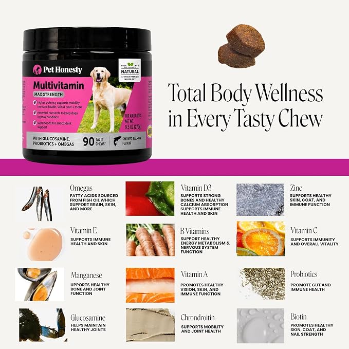Pet Honesty Vet Recommended Max Strength Dog Multivitamin, 90 Ct, Salmon | 15-in-1 Dog vitamins with glucosamine, probiotics & omega-3, salmon, supports hip & joint stiffness, digestion & heart health