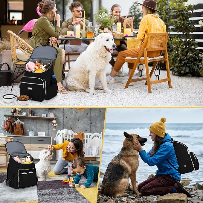 BAGLHER Travel Dog Backpack - Detachable Travel Dog Food Container for Pet Supplies Dog Gear Backpack,Dog Bag for Traveling with 2 Silicone Collapsible Bowls and 2 Food Baskets Black