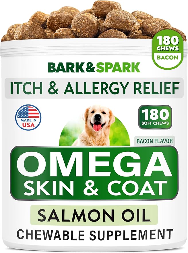 Omega 3 for Dogs and Cats - 180 Fish Oil Treats for Dog Shedding, Skin Allergy, Itch Relief, Hot Spots Treatment - Joint Health - Skin and Coat Supplement - EPA & DHA Fatty Acids - Salmon Oil - Bacon