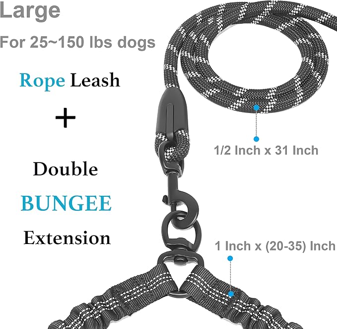 iYoShop Double Dog Leash, 360° Swivel, No Tangle, Large, 25-150 lbs, Black | Dual Leash for Two Dogs, Split Leash, Shock-Absorbing Bungee, Padded Handle, Heavy-Duty Rope