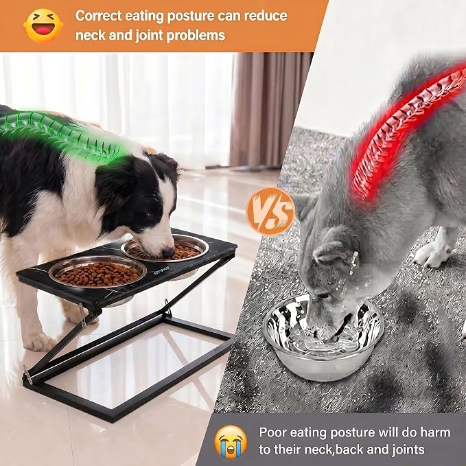 Elevated Dog Bowl Set: Height-Adjustable Stand with 2 Stainless Steel Food Bowls and a 20° Tilted Water Bowl—Suitable for Small, Medium, and Large Dogs (Faux Black Marble, Medium)