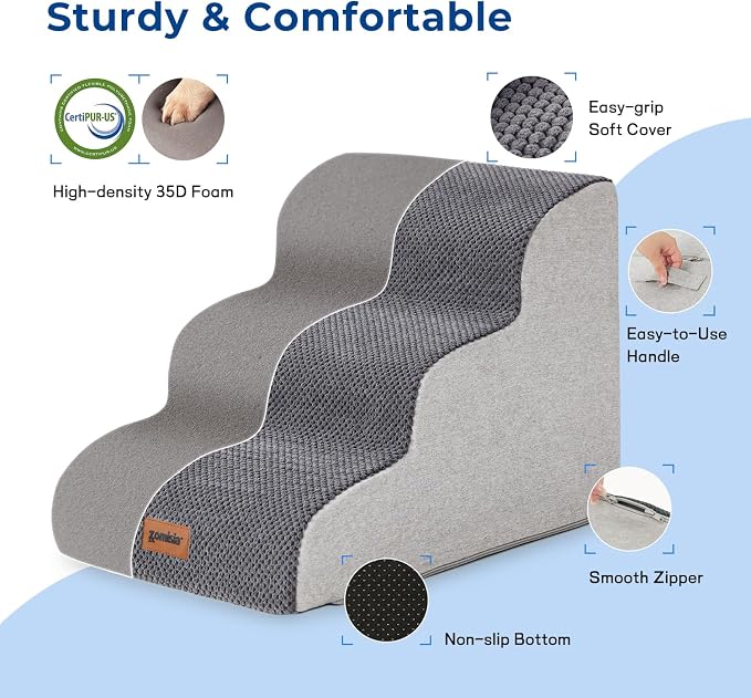 ZOMISIA Pet Stairs for Small Dogs 15.7" H - Dog Stairs for Couch and Bed, 35D Foam Dog Steps Ramp with Non-Slip Bottom Grey, 3 Steps