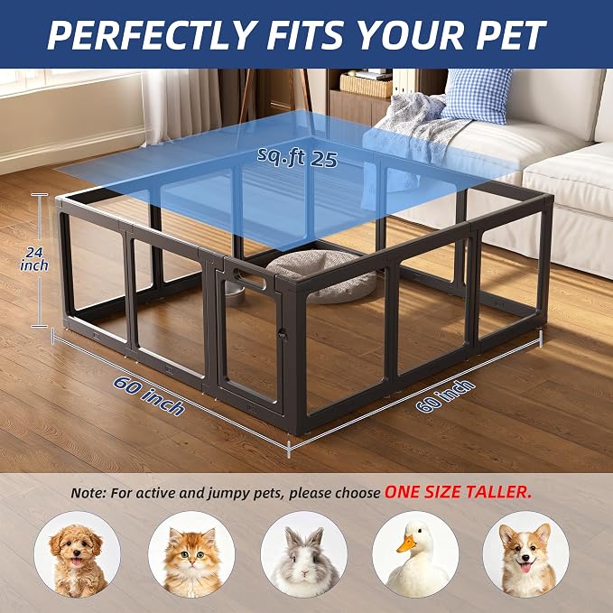 Clear Acrylic Dog Playpen Indoor, Puppy Cat Small Pet Play Pen, Pet Cat Playpen for Rabbits, Dog Fence Crate Kennel Whelping Cage (Black, 12 Panel)