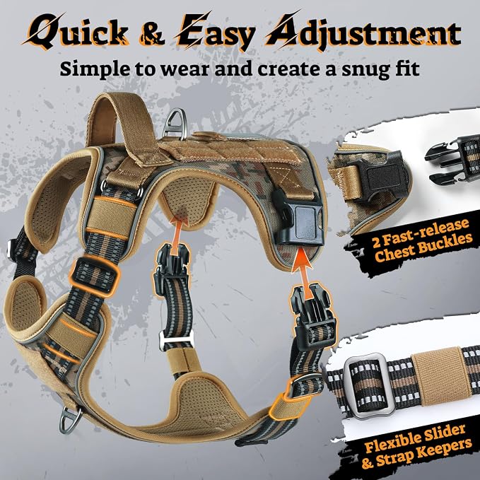 rabbitgoo Tactical Dog Harness for Large Dogs, No Pull Service Pet Vest | Military Molle System & Easy Control Handle, Adjustable and Reflective for Walking and Training, Desert Camo, X-Large
