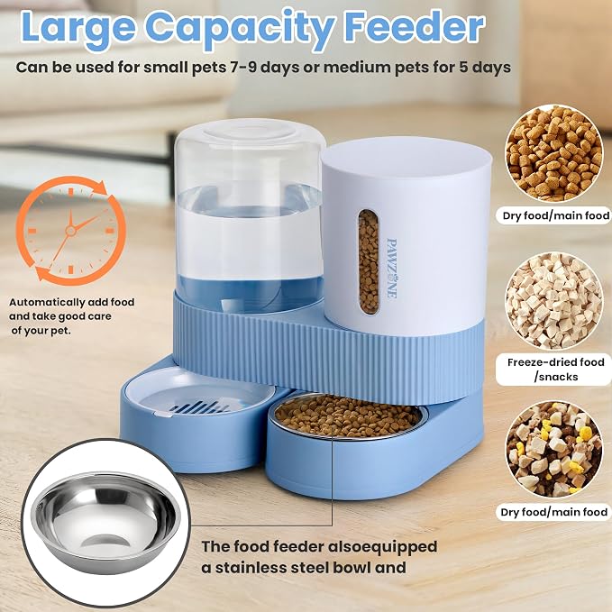 2 Pack Automatic Cat Feeder Stainless Steel Water Dispenser Gravity Food Feeder and Waterer Set with Pet Food Bowl for Small Medium Kitten Puppy Pets Large Capacity(Blue)