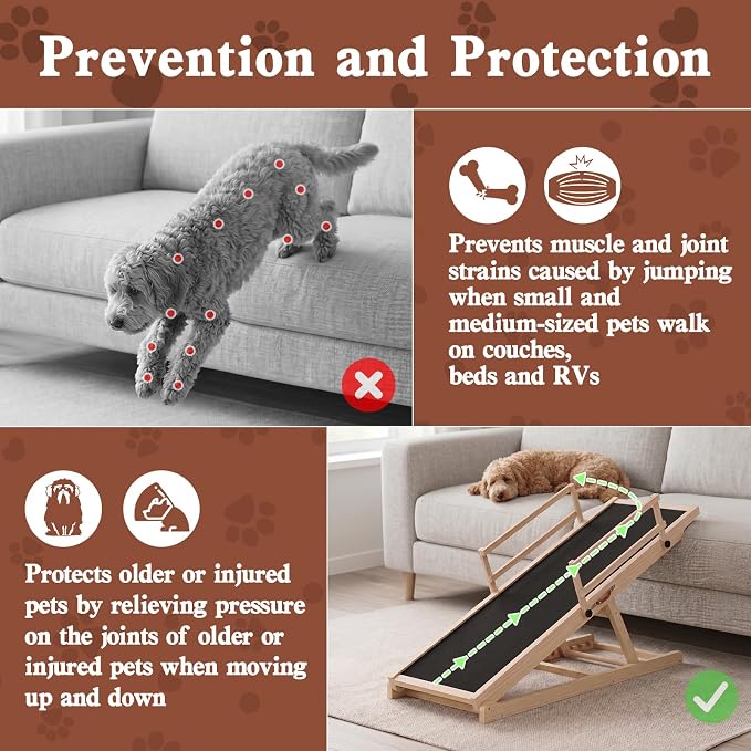 Dog Ramp for High Bed, Couch, Car, Pet Ramps 47" Long Adjustable 6 Height from 20.3"-27" Wooden Dog Step with Anti-slip Yoga Mat & Safety Side Rails for Small Medium Older Pets, up to 200 lbs