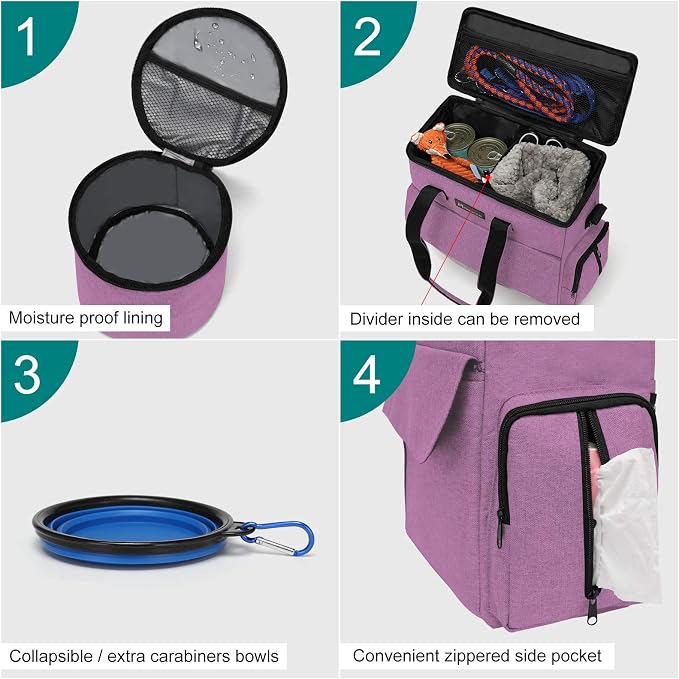 Modoker Dog Food Tote Bag with Food Containers, Bowls & Feeding Mat, Pink