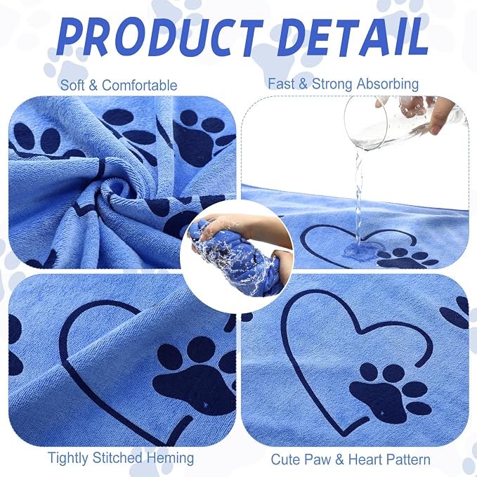 Fanfanwin 4 Pcs Dog Bath Towels Microfiber Drying Dog Towel Absorbent Pet Heart Paw Towels for Medium Dogs Puppy Cats Pets Shower(Blue, Yellow, Pink, Apple Green)