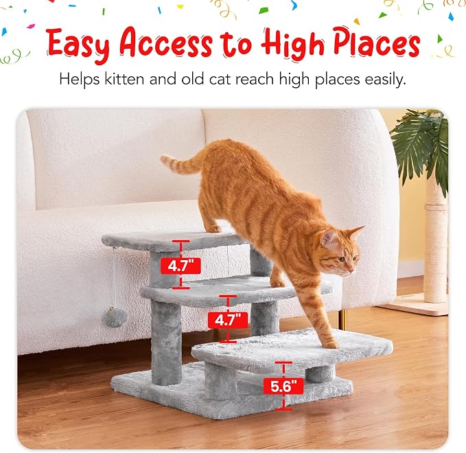 15''H Multi-Step Pet Stairs for High Beds & Sofas, 3-Step Cat Stairs with 2 Toy Balls, Wide Boards for Indoor Kittens Dogs Pets Climbing, Light Grey
