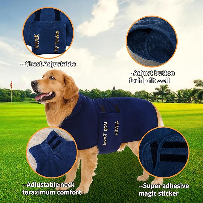 Dog Towel Dog Bathrobe, Microfiber Super Absorbent Pet, Quick Drying Robe for After Bath, Adjustable Collar & Belly Strap Pet Cat Bath Robe Towel blue-2XL