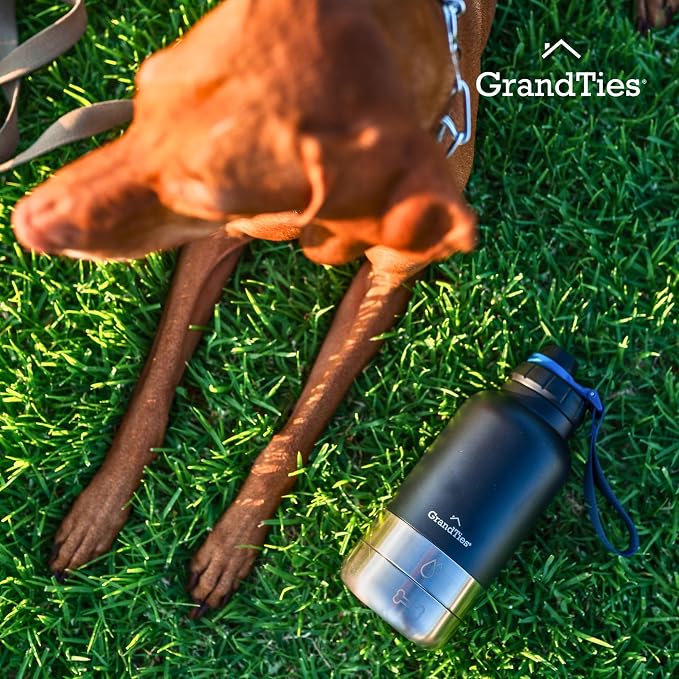 GrandTies Insulated Portable Dog Water Bottle with 2 Detachable Bowls, 32oz, Matte Black