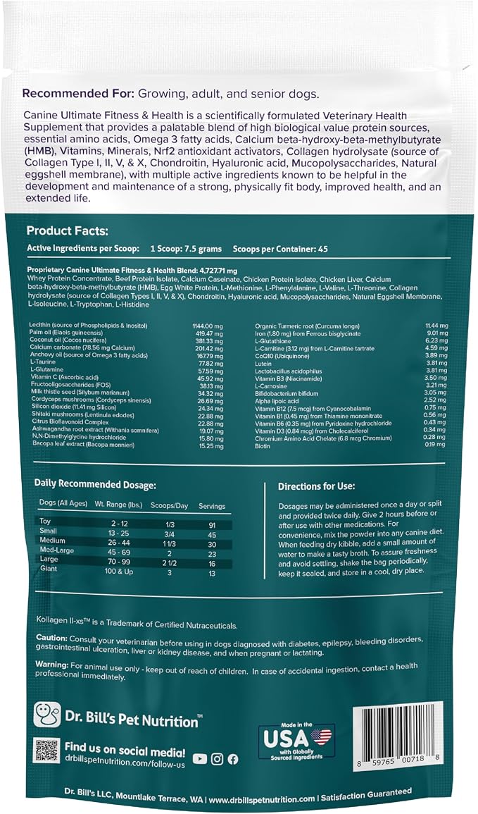 Dr. Bill’s Canine Ultimate Fitness & Health – Daily Dog Multivitamin for Energy, Longevity & Whole-Body Support - Vet Supplement to Help Fill Nutritional Gaps - Skin, Coat, Heart & Brain Health 340g