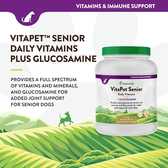 NaturVet VitaPet Senior Daily Vitamin Dog Supplements - 365 Ct | Full Spectrum of Vitamins & Minerals, Enhanced with Glucosamine for Added Joint Support, 365 Time Release Tablets